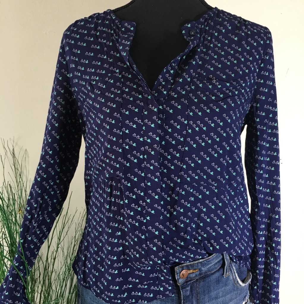 #114 Anthropologie Maeve Navy Patterned Top